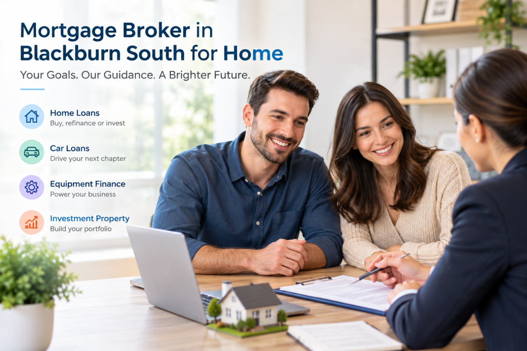 Mortgage broker consulting couple in Blackburn South office