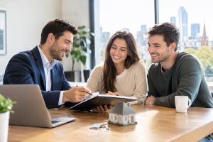 Mortgage broker helping couple with home loan