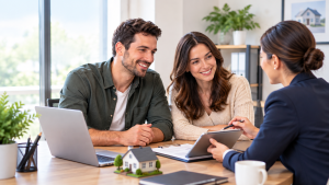 Mortgage broker meeting with couple discussing home loan options